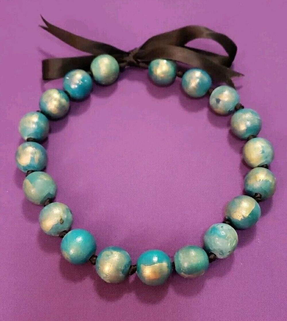 Teal & Gold Colored Large Wooden Beaded Necklace with Black Satin Ribbon